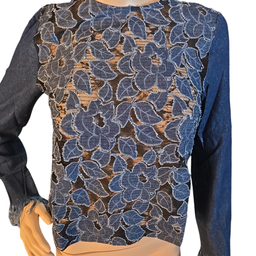 English Factory Womens Denim Blue  Embroidered Flower Long Sleeves Blouse Sz: XS - Picture 2 of 9